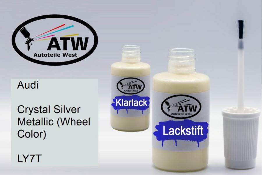 Audi, Crystal Silver Metallic (Wheel Color), LY7T: 20ml Lackstift + 20ml Klarlack - Set, von ATW Autoteile West.